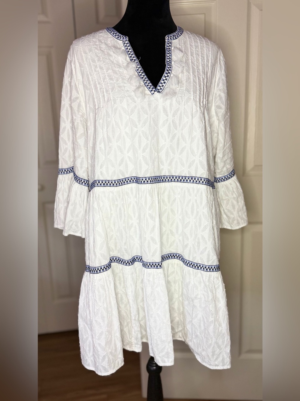 Tommy Bahama White Tunic Dress with Blue Embroidered Trim